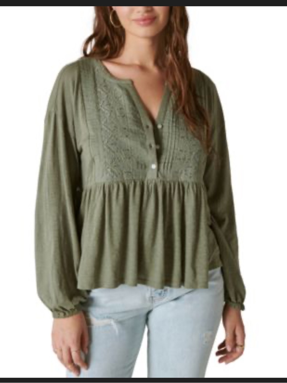Lucky Brand Womens Balsam Green Beaded Embroidered Pintuck Peplum Top Size XL